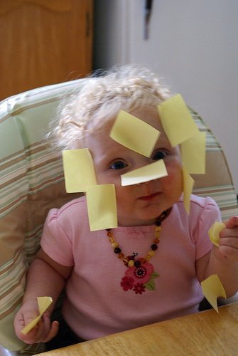 child wqith postits on face bad day
